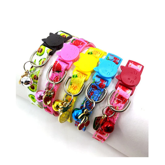 Colorful pet collars with various designs on a white background