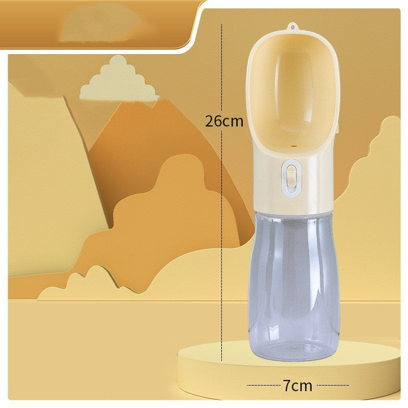 Pet travel water bottle and feeder — complete product packaging view