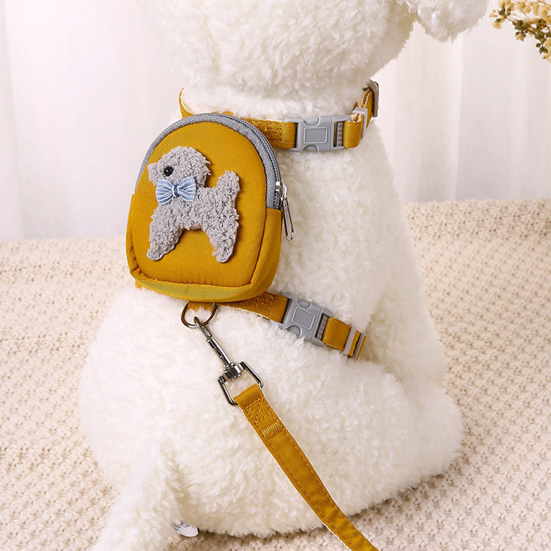 Dog wearing a mustard yellow harness with a small pouch featuring a dog illustration on a white background.