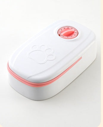 White and pink electronic device with a logo on a light gray background