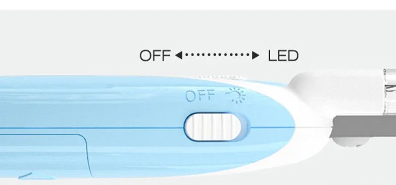 Close-up of a medical device with a switch labeled 'OFF' and 'LED' on a white background.