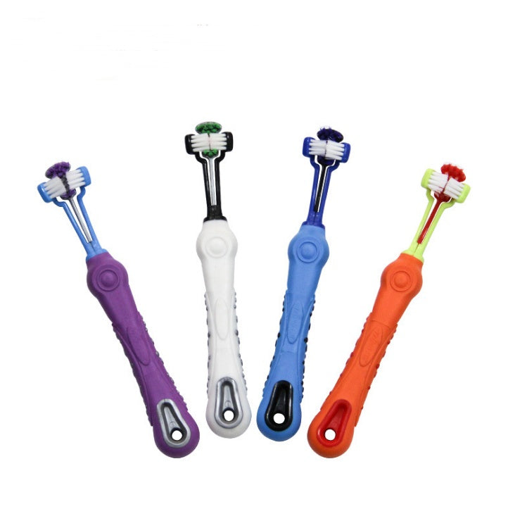 Four colorful toothbrushes with different handles on a white background