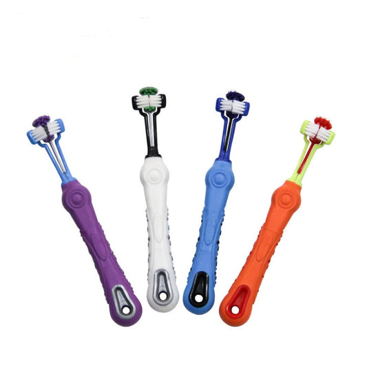 Four colorful toothbrushes with different handles on a white background