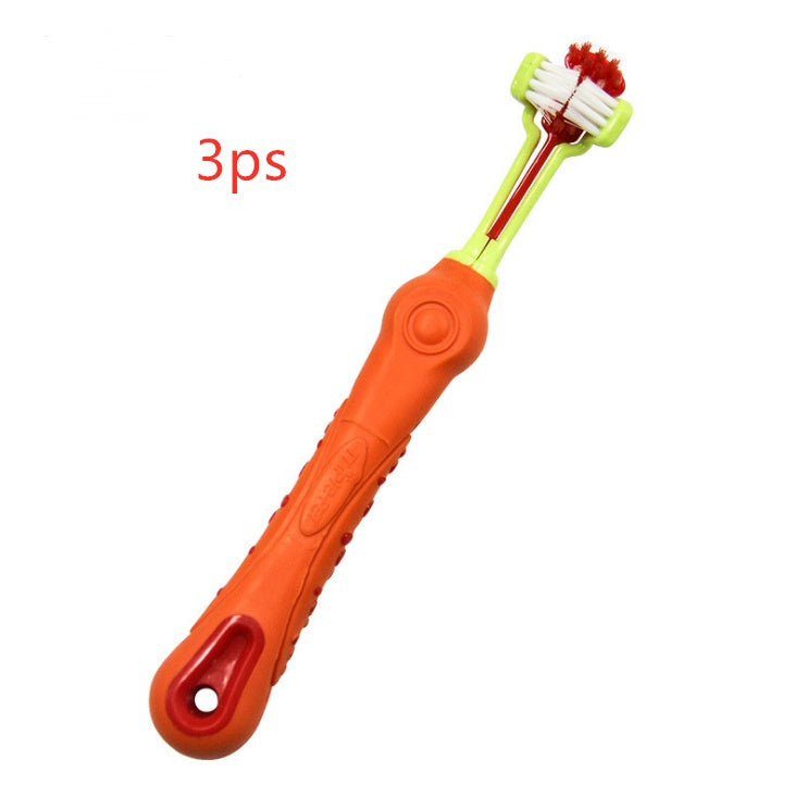Orange children's toothbrush with red bristles on a white background