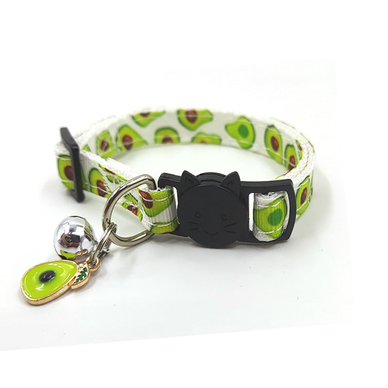 Cat collar with avocado pattern and black cat-shaped buckle on a white background