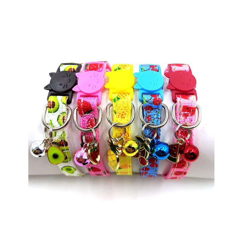 Colorful pet collars with various designs on a white background