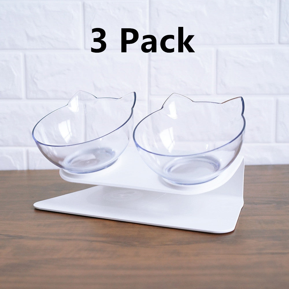 Cat-shaped clear bowls on a white stand with '3 Pack' text above, on a wooden surface.