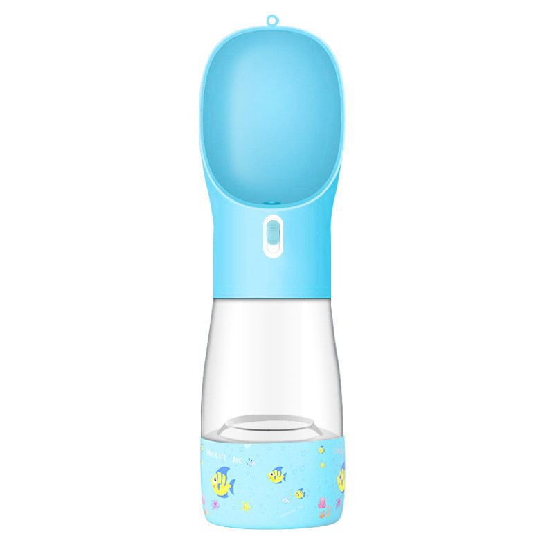Portable pet water bottle color variants — pink, blue, green and gray