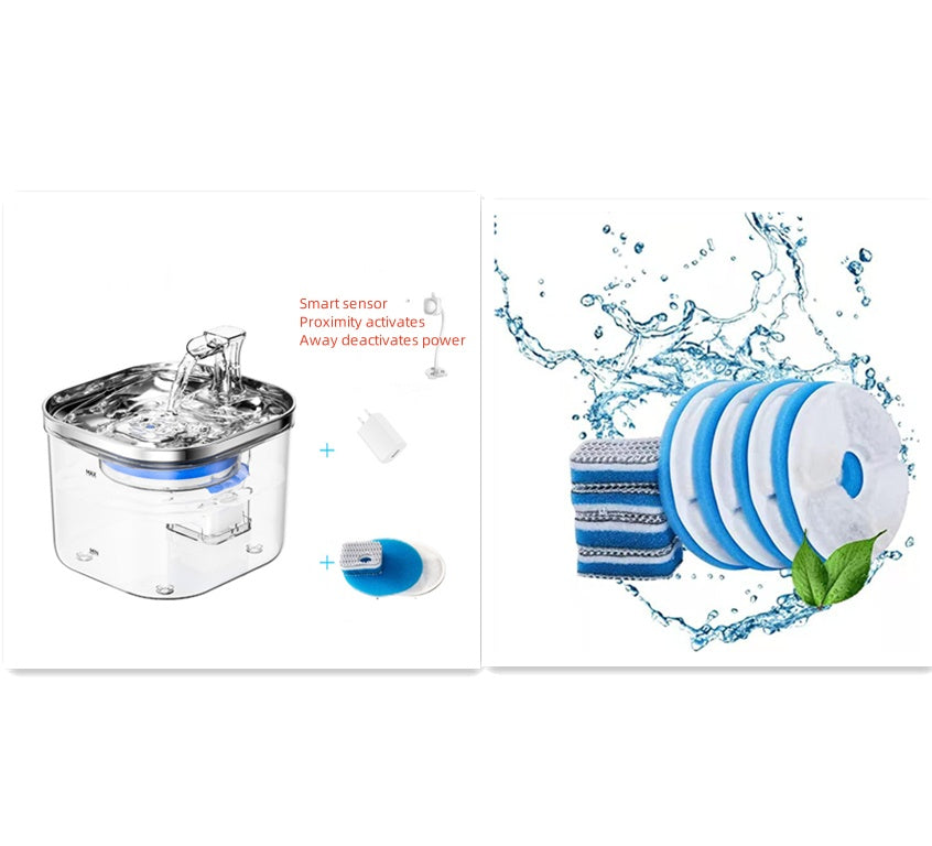 Product image with water dispenser and cleaning tablets on a white background