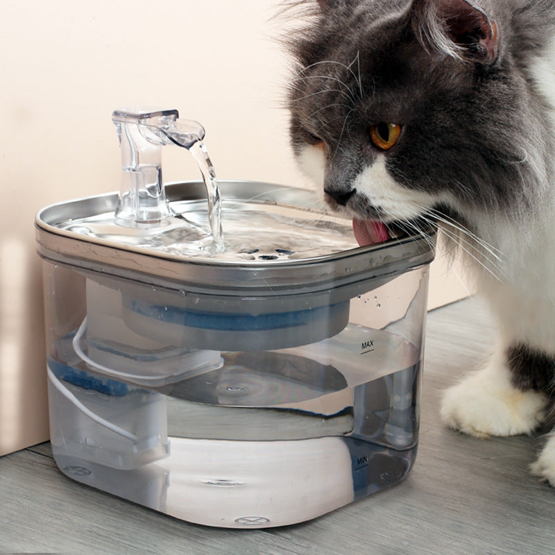 Cat drinking water from a pet fountain on a wooden floor.