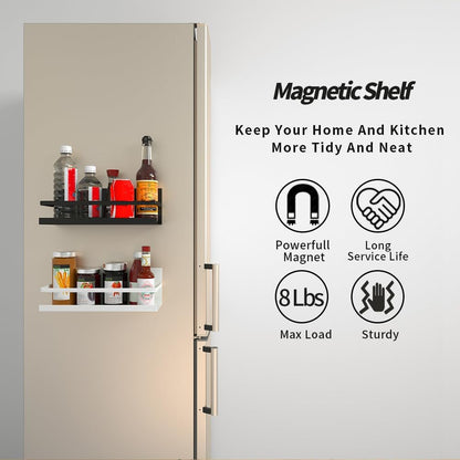 2 Pack Magnetic Spice Rack for Refrigerator,Heave Duty Magnetic Shelf for Kitchen,Magnet Book Shelf for Whiteboard,Space Container,Drill Free (Black)
