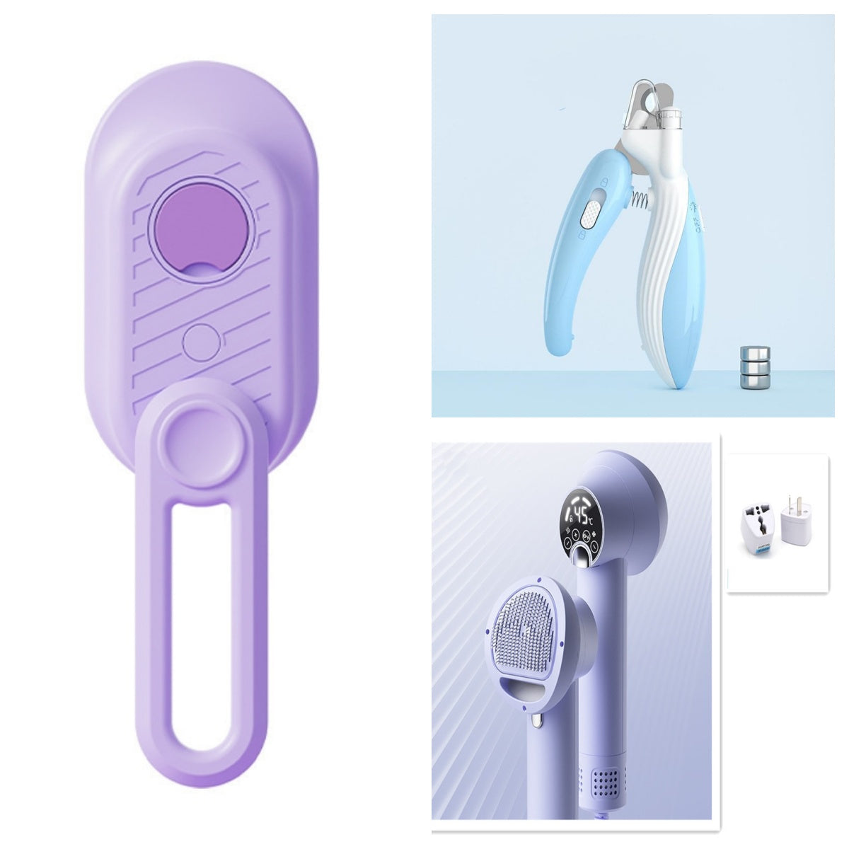 Purple handheld device with a button on a white background