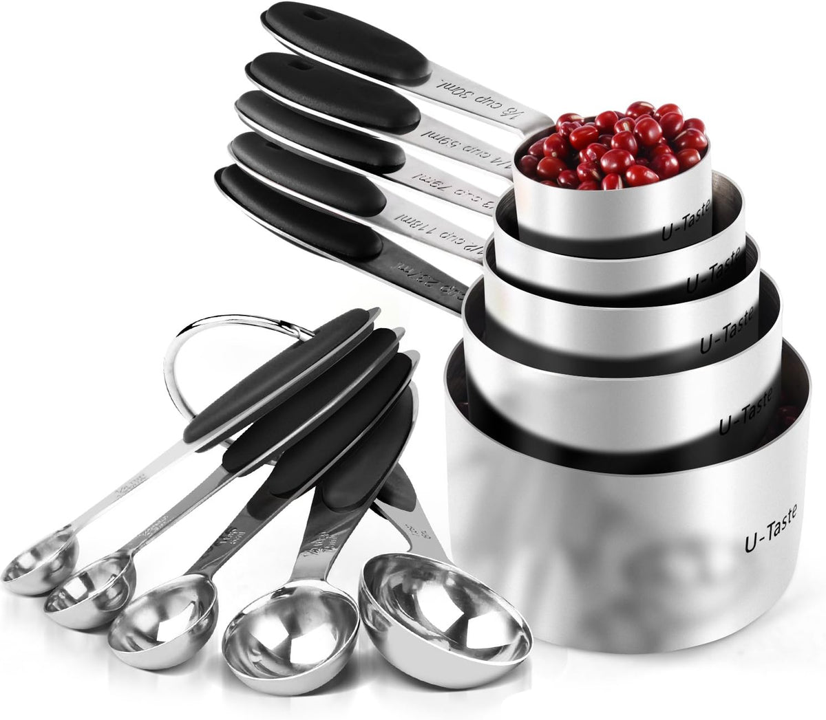 Measuring Cups Spoons Set, 18/8 Stainless Steel, 10Pcs, Black