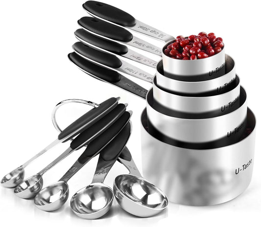 Measuring Cups Spoons Set, 18/8 Stainless Steel, 10Pcs, Black