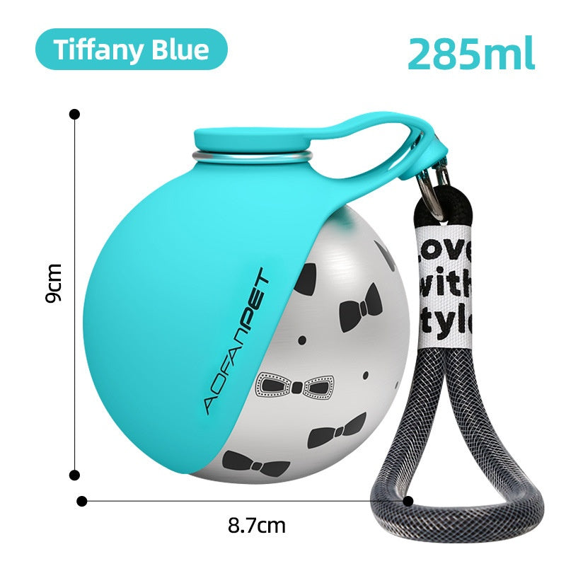 Tiffany blue water bottle with dog design and measurement details on a white background