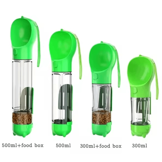 Set of green pet feeders with varying capacities on a white background