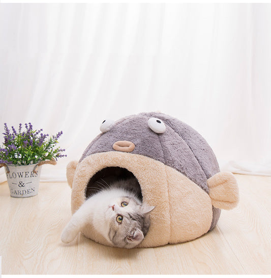 Pufferfish Cat Nest Bed – Cozy Velvet Hideaway for Cats All Year Round