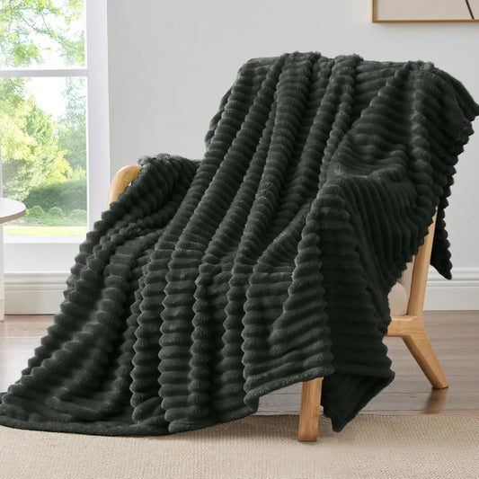 Fleece Throw Blanket for Couch Soft Warm Fluffy Charcoal Grey Blanket Decorative and Giftable Striped Blankets for Women Men