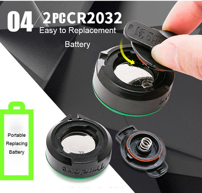 Battery replacement process with text indicating '2PCCR2032 Easy to Replacement Battery' and 'Portable Replacing Battery'.