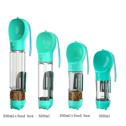 Set of four turquoise pet feeders with varying capacities on a white background