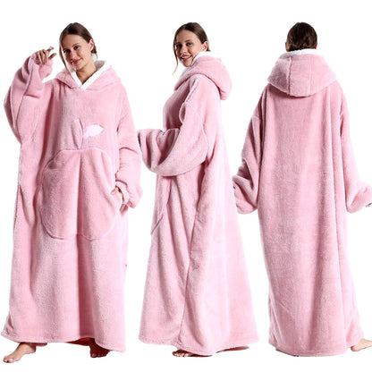 Extra Long Wearable Blankets Winter Flannel Hooded Blanket with Full Sleeves Men Women Cozy Soft Throw Adult TV Blanket