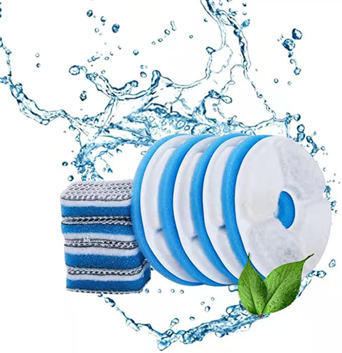 Set of cleaning pads with water splashes and a leaf on a white background