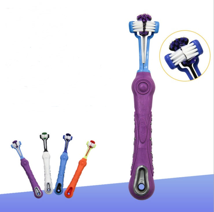 3-sided pet toothbrush showing triple bristle head design for full mouth cleaning