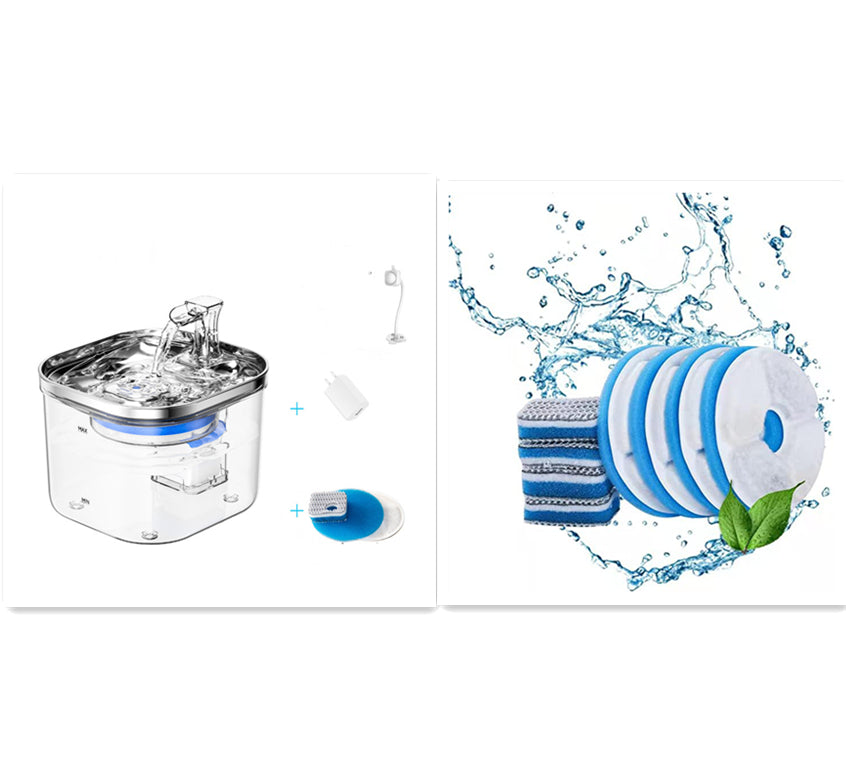 Set of cleaning products including a clear container, brush, and circular filters with water splashes on a white background.