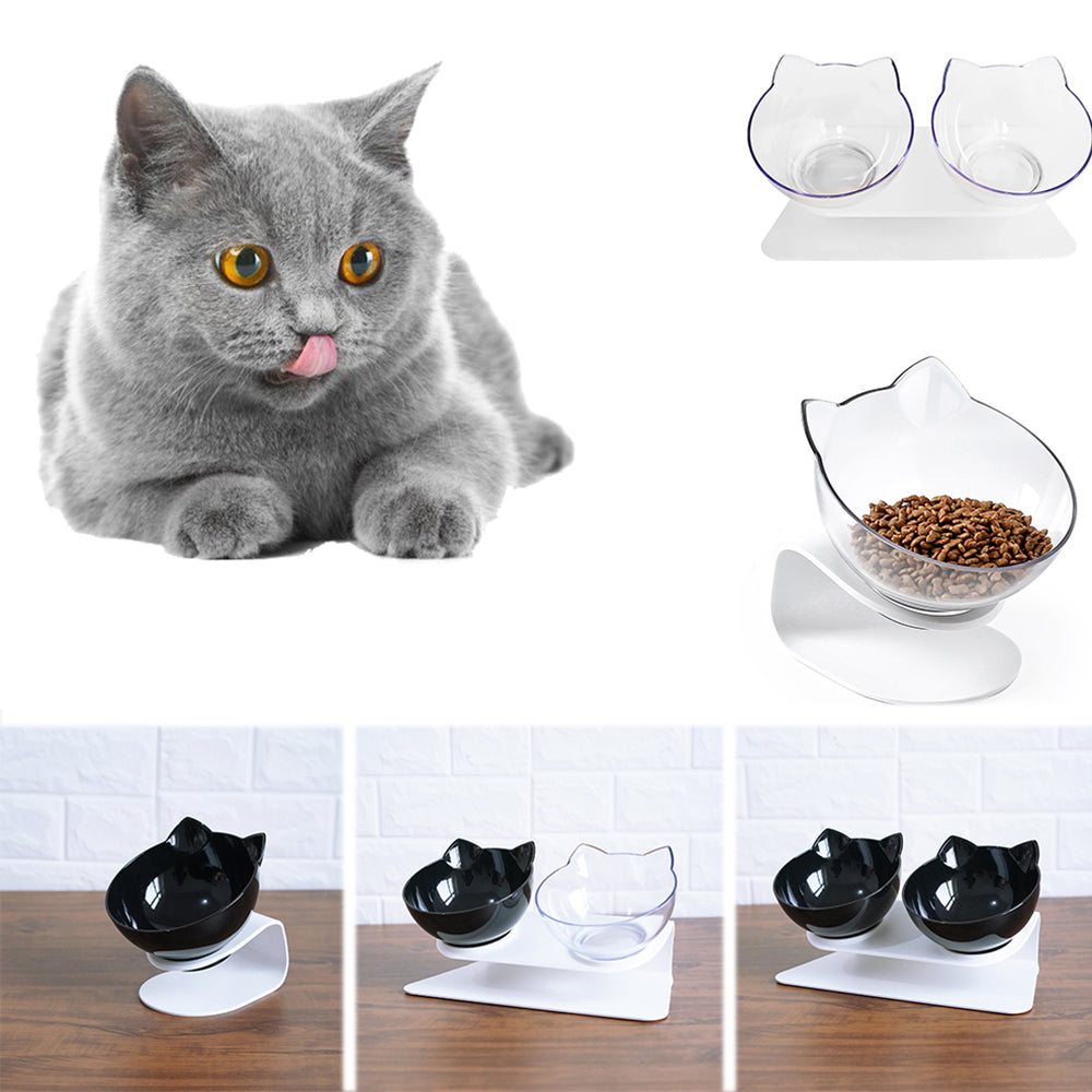 Collage of a cat and various cat bowls on a white background