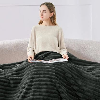 Fleece Throw Blanket for Couch Soft Warm Fluffy Charcoal Grey Blanket Decorative and Giftable Striped Blankets for Women Men