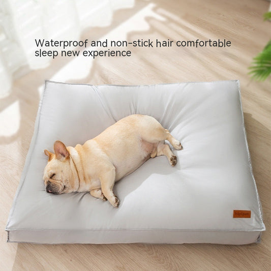 Dog lying on a large gray pillow with text about its features.
