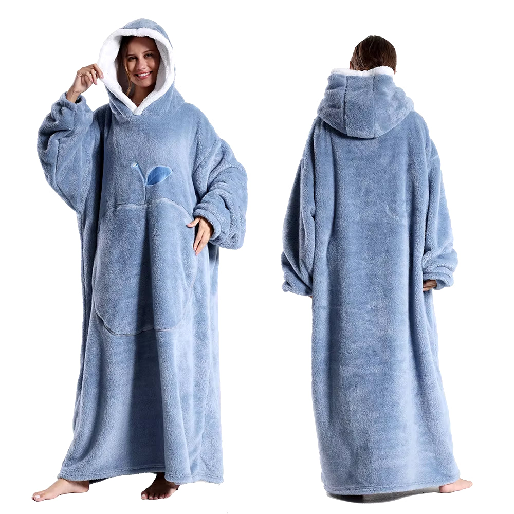 Extra Long Wearable Blankets Winter Flannel Hooded Blanket with Full Sleeves Men Women Cozy Soft Throw Adult TV Blanket