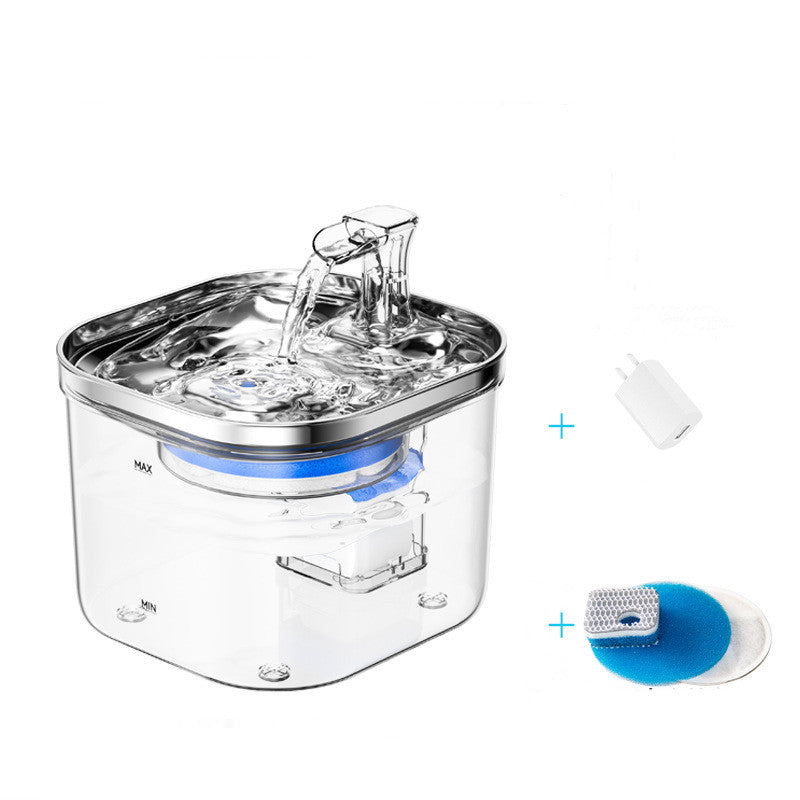 Clear pet water fountain with blue accents on a white background