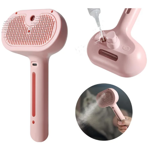Pink pet grooming brush shown on a white background with three inset views: a close-up of the bristle head, a top-down view showing a charging port and water inlet, and a circular inset demonstrating mist spray from the handle.