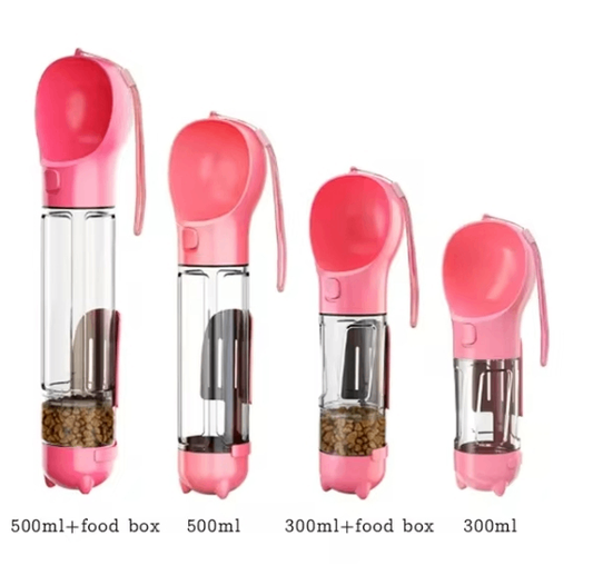 Set of pink pet water bottles with food boxes on a white background