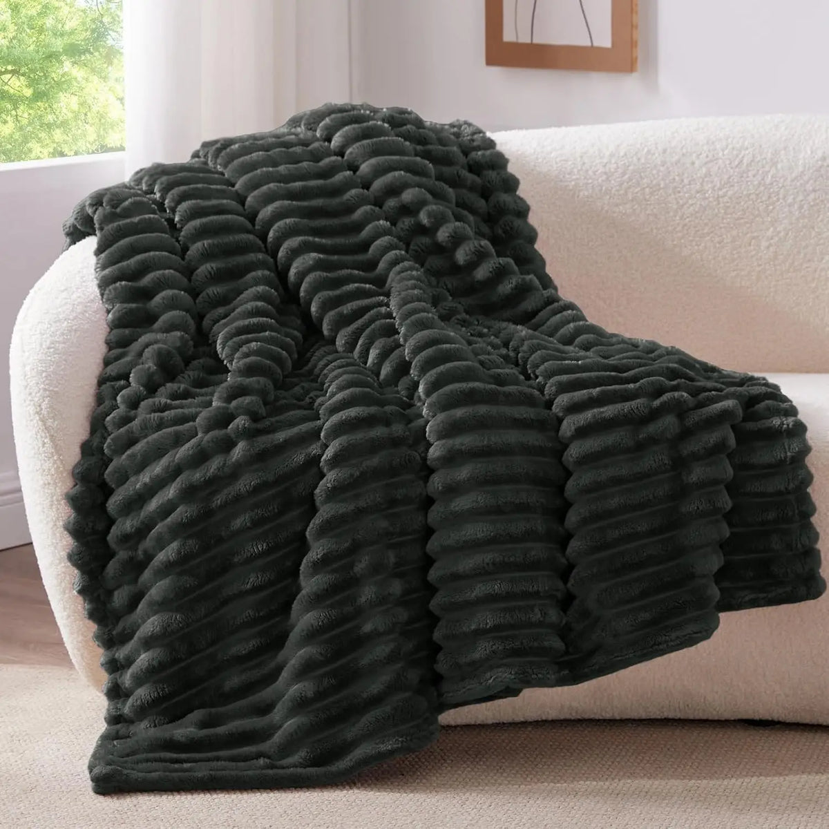 Fleece Throw Blanket for Couch Soft Warm Fluffy Charcoal Grey Blanket Decorative and Giftable Striped Blankets for Women Men