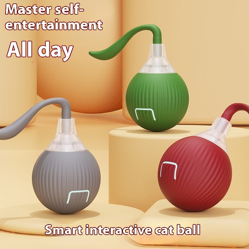 Three smart interactive cat balls in green, gray, and red on a beige background with text about self-entertainment.