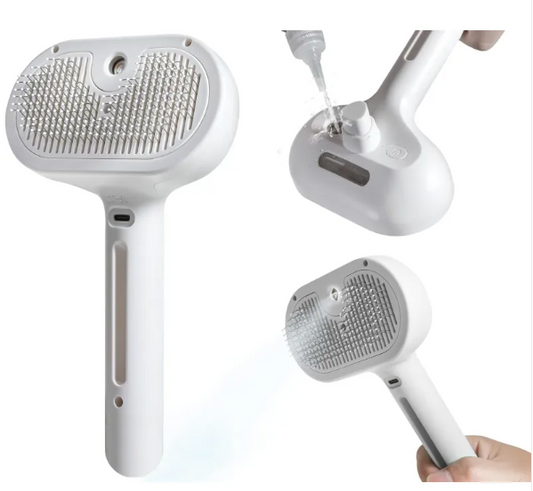 A white handheld pet grooming brush shown from multiple angles on a light gray background, including a close-up of the bristle head, a view with water being poured into the base, and a hand holding the brush.