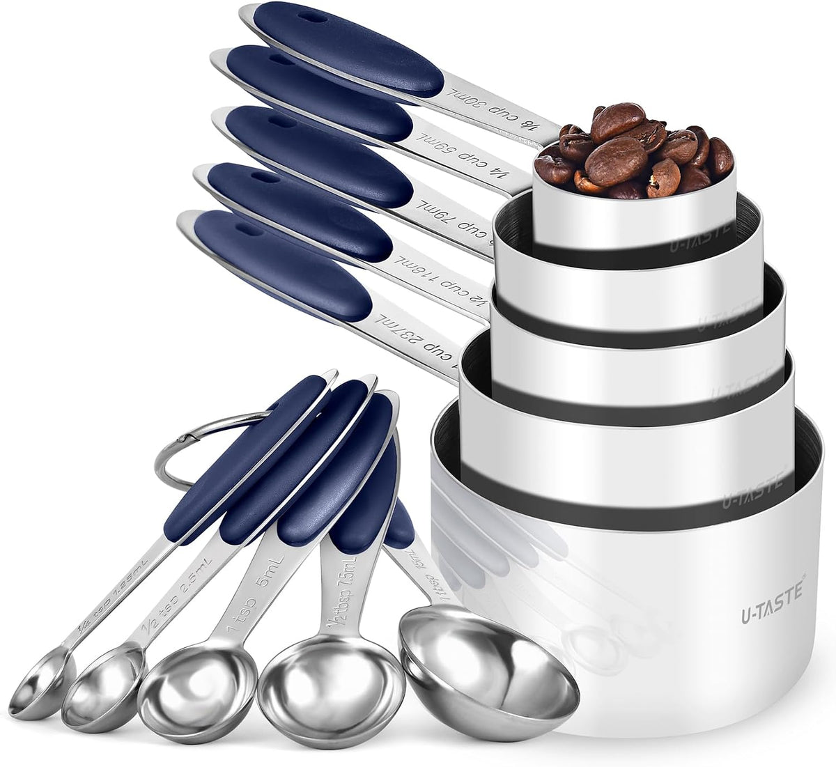 Measuring Cups Spoons Set, 18/8 Stainless Steel, 10Pcs, Black